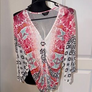 Bebe Colorful V-Neck Blouse with Patterned Design